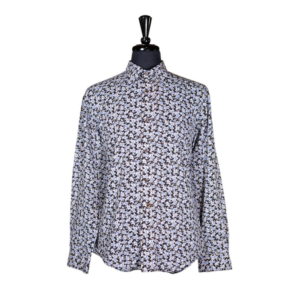 Mens Silk Shirt Button Up Blue Black Floral Casual Summer Hawaiian Beach Large